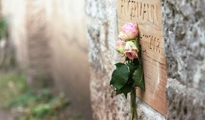 Eine Vase mit Rosen an einem Grabstein